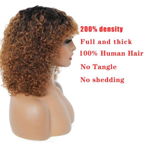 Curly Wig Human Hair For Black Women Shaggy Curly Bob Wig with Bangs 12'' 200% Density Wigs Human Hair Glueless Wear and Go Short Colored Kinky Curly Wigs Ombre Brown Afro Curly Wigs (12, 1B/30)