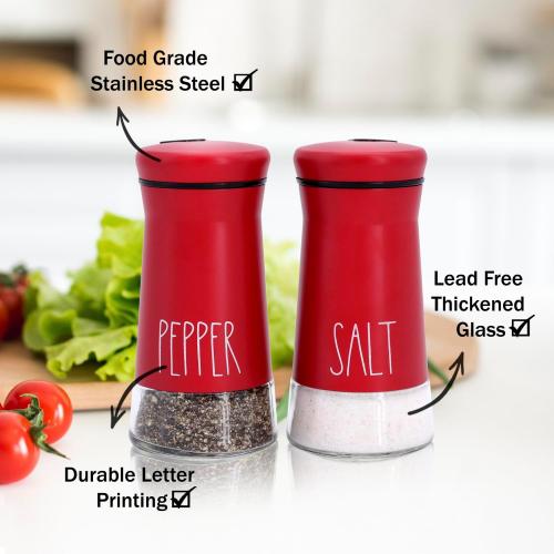 Red Salt and Pepper Shakers with Adjustable Pour Holes, Refillable Salt Shaker by Aelga, Ideal for Himalayan, Kosher, Black and White Pepper, Red Kitchen Accessories