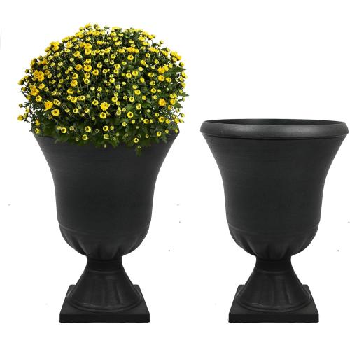 Worth Garden 2-Pack Plastic Urn Planters for Outdoor Plants, 22'' Black Tall Round Classic Resin Traditional Flower Pots - 15 in. Dia. Large Imitation Stone Decorative Pot Patio Deck Front Porch