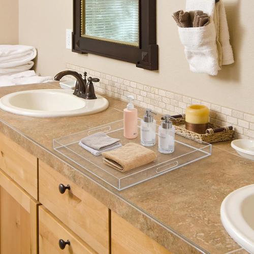 CLEARV22×22 inches Oversized Clear Acrylic Ottoman Tray Extra Large Decorative Tray Spill-Proof Serving Trays with Handles King-Size Safe Edge Organizer for Coffee Table Countertop Breakfast