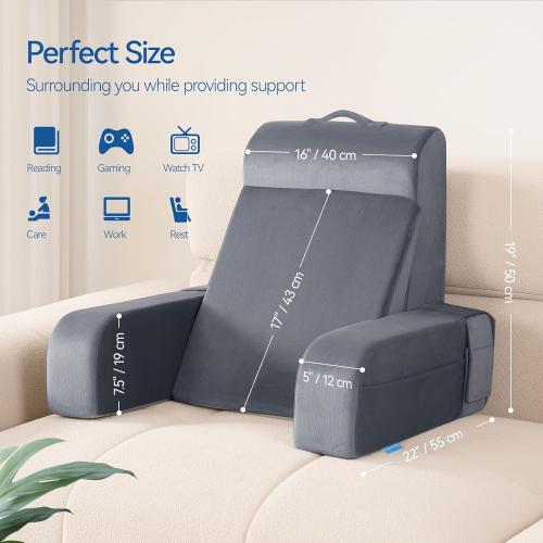 Kayfia Reading Pillow, 10 in 1 Back Pillow for Bed Sitting up with Detachable Arms Rest, Back Rest with Gel Memory Foam, Reading/Gaming/Working in Bed or Couch 19, Gray