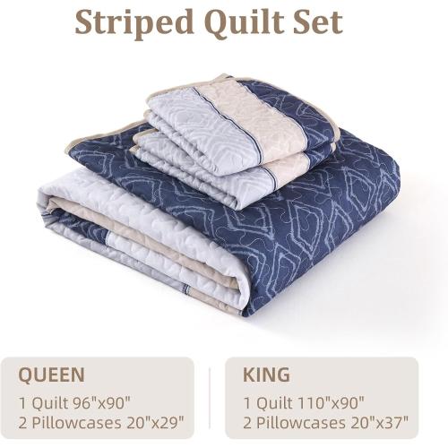 Cottolester Boho Quilt Set Queen Size 3 Pieces,Khaki and Navy Blue Striped Bedspread Coverlet Set,Bohemian Bedding Set Soft Microfiber Bedding Set for All Season 96x90