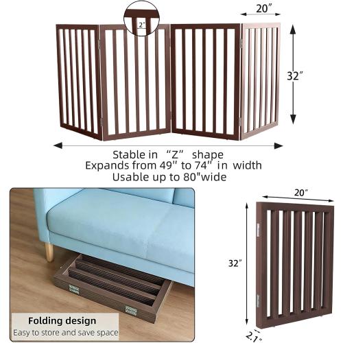 Dog Gate Indoor, Freestanding Dog Fence for The House, Doorways, Hallways,or Stairs,Pet Gate Foldable Wooden,Expandable 32 Height 4 Panels,Brown