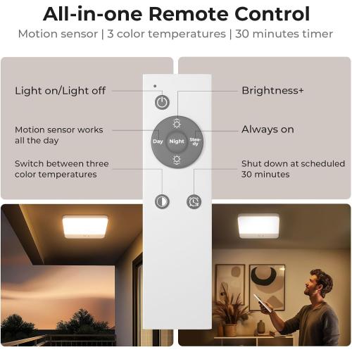 FULEN Motion Sensor Ceiling Light Fixture, Cordless Closet Light Battery Operated, Rechargeable Magnetic Mount LED Shower Light for Bathroom,Stairs,Garage,Hallway,3 Color Temperatures,Remote Control
