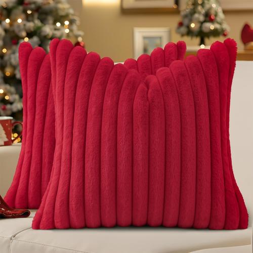 decorUhome Faux Fur Christmas Throw Pillow Covers 24x24 Set of 2, Decorative Soft Plush Striped Neutral Couch Euro Pillow Covers with Velvet Back for Sofa, Bed, Living Room Home Decor, Red