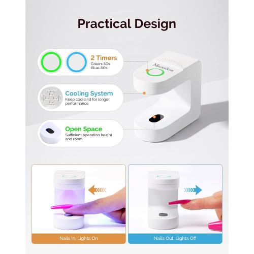 MelodySusie Mini UV Nail Lamp P-ART04G for Single-Finger Quick Touch-Ups | Cordless, Smart Sensor, 30s/60s Timers, Flash Cure Rhinestone Glue, Gel-X