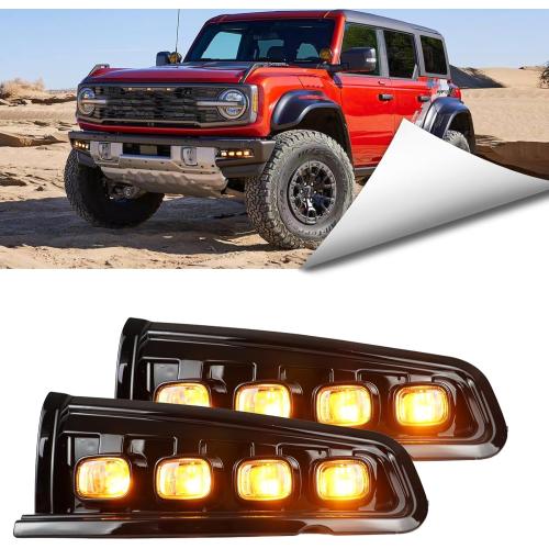 BINQIGOO LED Front Bumper Fog Light Daytime Running Lamp White/Amber Dynamic Sequential Flash Turn Signal Light DRL Compatible with Ford Bronco 2021-2023（Not for Sport/Plastic Bumper）