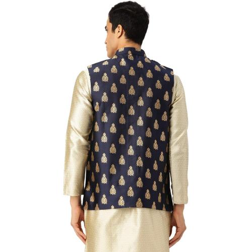 Size 44 Color Blue and Gold Sojanya (Since 1958, Men's Silk Blend Magenta & Gold Self Design Nehru Jacket