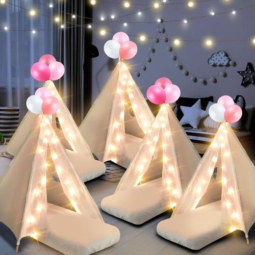 6 Pack Sleepovers Teepee Tent for Kids Bulk with Mattress Sheet Light,Natural Cotton Washable Indoor Play Tent for Birthday Slumber Party Girls Boys Pajama Movie Night Supplies(White)
