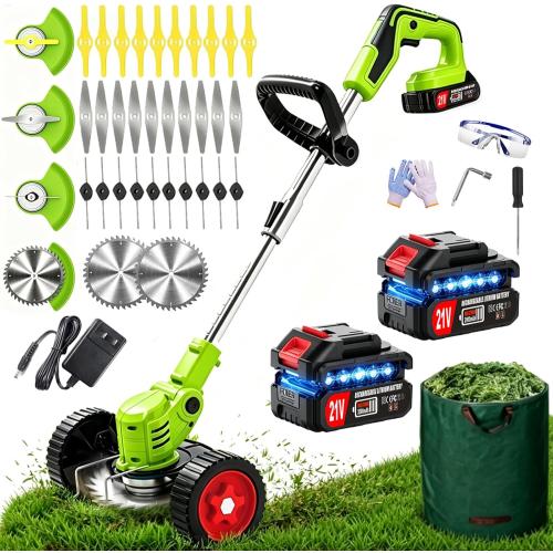Electric Weed Wacker, 21V Cordless Weed Eater Battery Powered, No String Trimmer with Wheels & Metal Blades, Lightweight Grass Trimmer/Brush Cutter/Lawn Edger, Stringless Weed Trimmer for Yard Garden