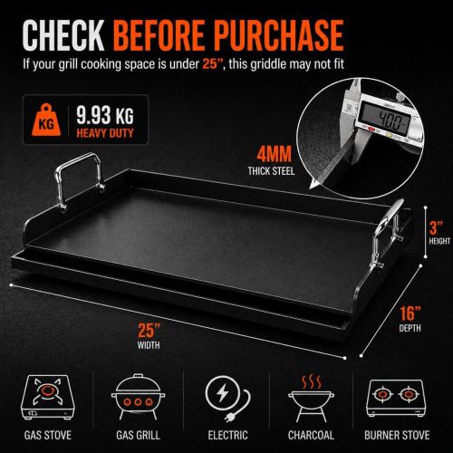 Cast Iron Griddle for Gas Grill, 25 x 16 Nonstick Flat Top Grill Griddle Plate, No Seasoning Required, Heavy Duty Outdoor BBQ Griddle with Grease Drain for Camping, Tailgating and Backyard Cooking