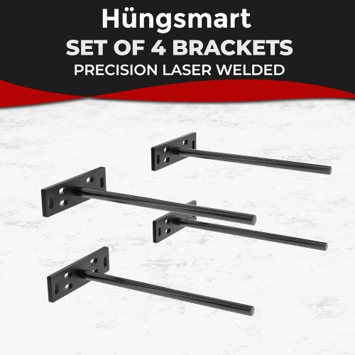 Set of 4 Size 5x1 3/8x 8 Floating Shelf Brackets Heavy Duty (1/4 inch Thick Baseplate) Painted Black Mild Steel/Bracket for Hidden Wall Shelves Support Hardware Mount Kitchen/Nursery Decor (10 inch Rods)