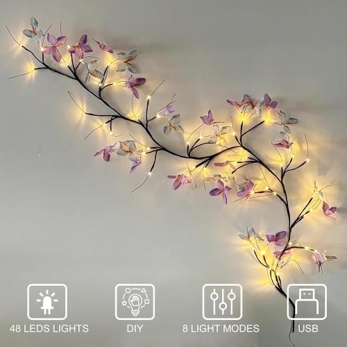 Willow Vine Light with Butterfly 48LED 6FT Enchanted Wall Decoration Vine Lights 8 Light Modes for Indoor Home Wall Decoration(Warm White)
