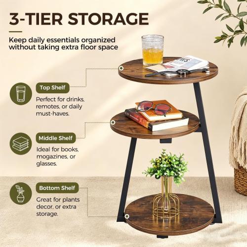 BEWISHOME Small Round Side Table, 3-Tier End Table with Storage Shelves | Small End Table, Nightstand with Metal Frame, Vintage Accent Table for Small Spaces with Storage Shelf, Living Room, Bedroom
