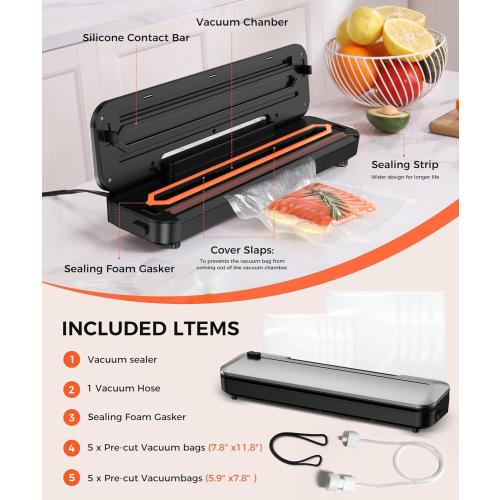 Vacuum Sealer Machine 75KPa Food with 6-in-1 Dry/Moist Modes & Digital Timer, Compact Lightweight Design, Built-in Cutter   10 Bags (Black Silver)