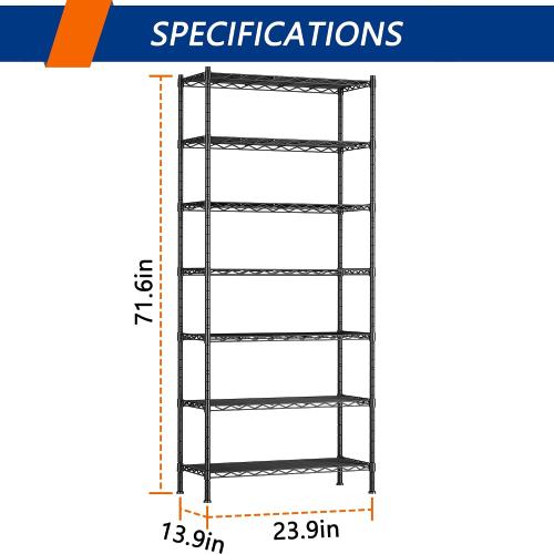 Size 13.9 D x 23.9 W x 71.6 H Color black 7-Tier Metal Storage Rack Adjustable Shelf,Storage Unit Shelf for Laundry Bathroom Kitchen Pantry Closet(Black,13.9 D x 23.9 W x 71.6 H)