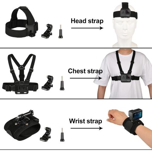 3 in 1 Accessories Set for GoPro Hero 13 12 11 10 9 8 7 6 5 4 3 Black, Chest Mount Harness/Head Strap Mount/ 360°Rotating Wrist Strap, Adjustable Flexible Accessories Kit