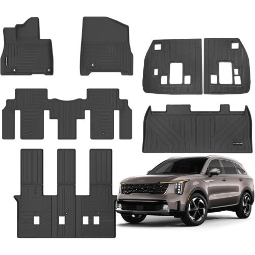 Black Floor Mats for 2026 2025 Kia Carnival Hybrid 8 Seats (Not for Fuel) Upgrade Trunk Mat with Backrest Mat All Weather TPE Floor Liners Fit for 2025 2026 Carnival Anti-Slip Full Set Car Accessories
