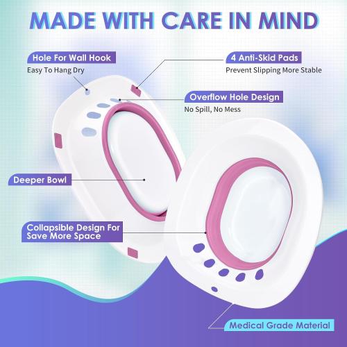 Sitz Bath for Toilet, Sitz Bath for Hemorrhoids and Postpartum Care - Yoni Steam Seat - Portable Bidet for Epsom Salt Soak, Foldable Basin BPA Free, Perineal Soaking and Steaming - Pink