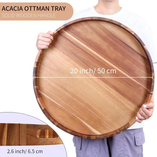 Extra Large 20INCH Premium Acacia Wood Tray Round Ottoman Tray with Handles Wooden Serving Tray Multi-Use for Dinner Breakfast in Bed Coffee Table Snack Entertaining Guests