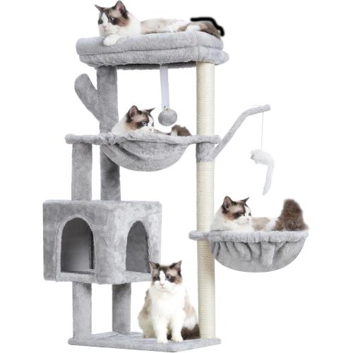 Heybly Cat Tree, 39.4 Inches Tower Condo with Scratching Post, Cat Tower for Indoor Cats, Fully Wrapped Sisal Pole, Soft Platform, 2 Baskets and Dangling Toy, Light Gray HCT006SW