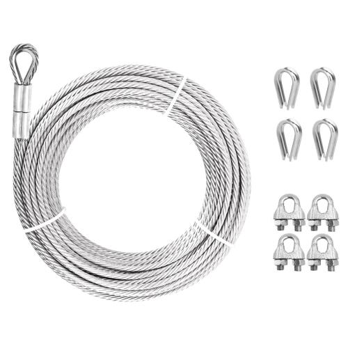 1/2 Steel Cable, Sunwuk 30Ft 7x19 Strand Aircraft Cable with Loops, 23000 Lbs Breaking Strength, Heavy Duty Wire Rope with Clamps and Thimbles for Zipline, Industrial, Towing, Winch Cable