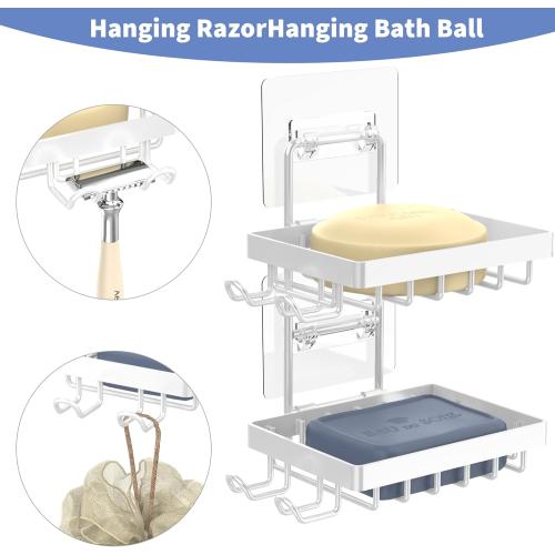 Moforoco White Double Soap Bar Holder for Shower, No Drilling, 304 Rustproof Stainless Steel, Wall Mounted Soap Holder with 4 Hooks and Razor Holder, Shower Rack Soap Tray Bar Soap for Bathroom