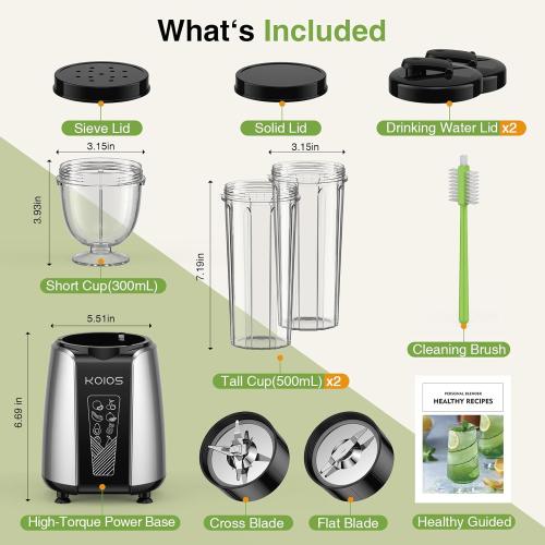 KOIOS Smoothie Blender, Max 1000w Personal Blender for Shakes and Smoothies, 12Pcs Coffee Grinder and Countertop Blenders Combo for Kitchen, Portable Smoothie Blenders with 2x22 oz To-Go Cups, Non-BPA
