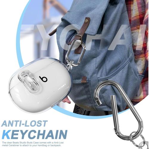 Compatible with Beats Studio Buds/Studio Buds Plus Case Cover Clear 2021/2023 Men Lock Clip with Cleaner Kit, Protective Cover for New Beats Studio Buds   Wireless Earbuds Case with Keychain, Clear