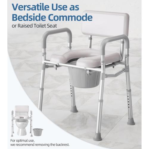 Bedside Commode with Padded Seat and Backrest, Aluminum Commode Toilet with Bucket, Easy Cleaning Portable Toilet for Adults and Seniors, 350 lb Capacity Enhanced Crossbar