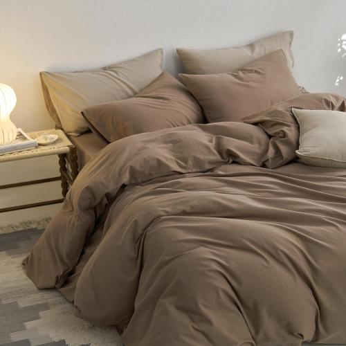 MooMee King Duvet Cover Set, 100% Washed Cotton Linen Like Twill Thick Sturdy Material Super Soft Breathable Durable Bedding for All Season, 3 Pieces (Bombay Brown, King 104x90)