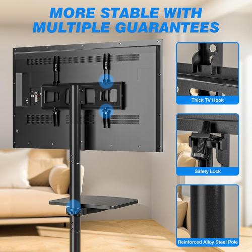 Rolling TV Stand with Shelf for 23-65 inch TVs up to 88lbs, Portable Mobile TV Cart with Silent Wheel, Tilt & Height Adjustable Universal Corner TV Stand for Bedroom, Living Room, Office