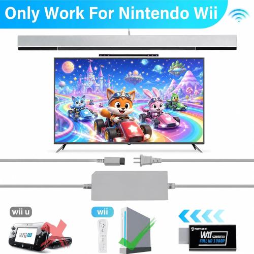 PORTHOLIC 4 in 1 Wii Replacement Cables Set, Wii AC Power Adapter   Wii to hdmi Converter  Wired Motion Sensor Bar and Composite Audio Video Cable for Nintendo Wii