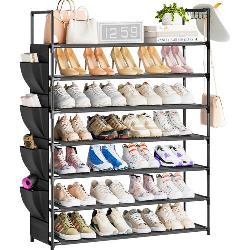 Large Capacity 7 Tier Shoe Rack, Black, 33.3in Wide x 11.2in Deep x 48.7in Tall, Holds 28-35 Pairs of Shoes, Ultra-Minimalist Style, Waterproof and Durable