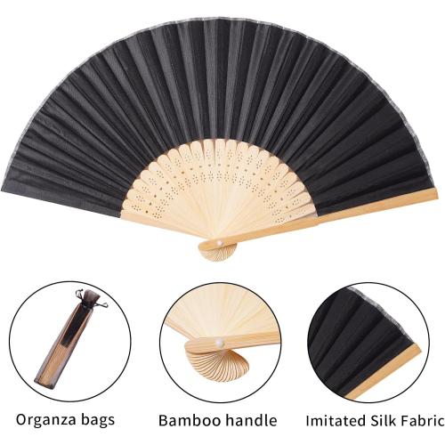 50pcs Black Imitated Silk Fabric Bamboo Folded Hand Fan Bridal Dancing Props Church Wedding Party Favors with Organza Bags