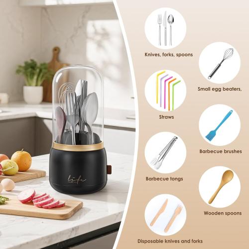 EXIN DECHEN 360° Rotation Silverware Organizer for Kitchen Counter,Utensil Holder Caddy Silverware Caddy Holder for Party,Spoon and Fork Organizer,7 Slots and Intermediate Drainage Device with Cover