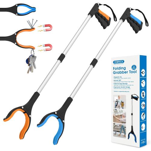 34 Grabber Reacher Tool, 2-Pack Foldable Reacher Grabber Pickup Tool with 360° Rotating Jaw & Magnets, Grabber Tool Heavy Duty