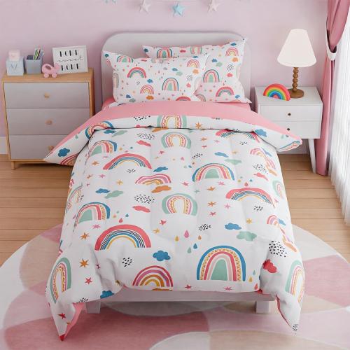 SANDJEST Rainbow Twin Bedding Set for Girls, Ultra Soft Microfiber Comforter Set Twin Size with 3-Pieces for Kids Teen, Bed Set Comforters for Bedroom Decor