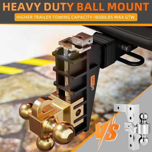 LOCAME Adjustable Trailer Hitch with Hook, Tri-Ball (1-7/8, 2, 2-5/16) Drop Hitch, Fits 2.5 Inch Receiver, 6 Drop Down Hitch, 18,500 LBS Heavy Duty Truck, Solid Ball Mount, Gold, LC0085