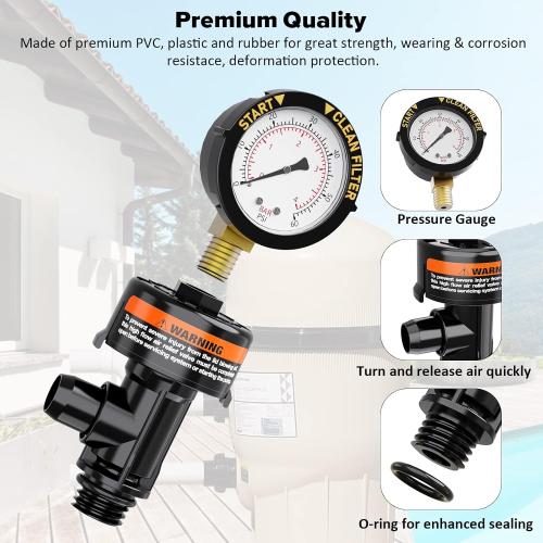 MISSING PIECES Manual Air Relief Valve for Pool and Spa Filters, Pool Filter Air Relief Valve with Pressure Gauge Replacement, Air Relief Valve for Pool Filter, Includes Gauge Plug, Pressure Gauge, O-Rings, Clips.