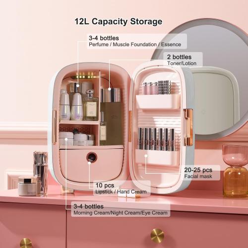 JSTPRO Skincare Fridge 12 Liter, Beauty Fridge for Comestic storage 10°C/50°F   Intelligent Constant Temperature Control Mini Refrigerator, White Compact Cosmetics Refrigerator for Makeup Lipstick
