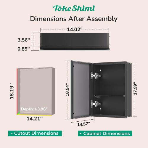 TokeShimi 14 x 18 Black Medicine Cabinet with Mirror, Aluminum Mirror Medicine Cabinet Wall Mounted or Recessed with Stepless Adjustable Amply Storage Metal for Modern Farmhouse