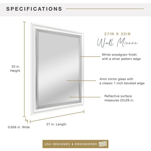 MCS 22x28 Large Wall Mirror, White Woodgrained Frame with Silver Embossed Detail & Beveled Detail Mirror, Vertical & Horizontal Wall Hanging Mirror for Bathroom, Bedroom & Livingroom