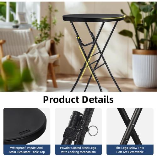 Byliable Cocktail Table 28in High Top Round Folding Indoor Outdoor, Plastic Bar Height Foldable Bistro Tall Table for Party, Patio, Dining Room, Kitchen, Events, Removable Locking Legs, Black
