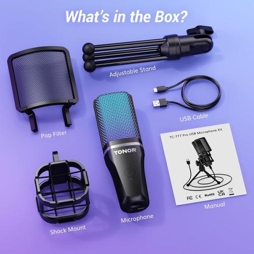 TONOR Gaming USB Microphone for PC, RGB Condenser Computer Mic with Tripod Stand, Quick Mute, Gain Control, for Gaming, Streaming, Podcasting, Recording, Cardioid Mic Kit for Laptop/PS4/PS5 TC777 Pro