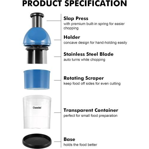 Geedel Food Chopper, Easy to Clean Manual Hand Vegetable Chopper Dicer, Dishwasher Safe Slap Onion Chopper for Veggies Onions Garlic Nuts Salads