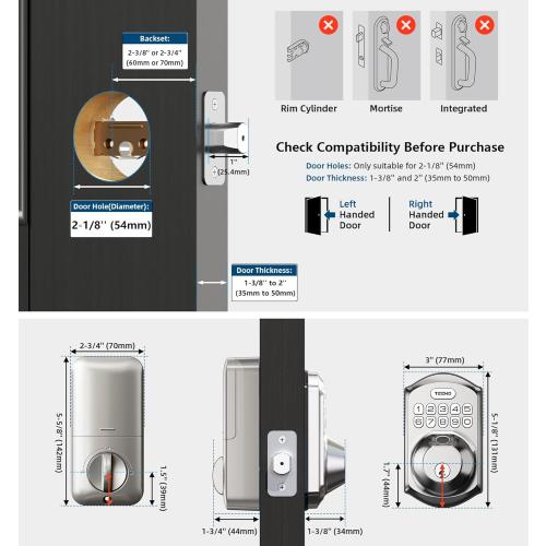 Color Silver TEEHO TE002 Fingerprint Door Lock - Keyless Entry Door Lock - Electronic Keypad Deadbolt - Smart Locks for Front Door - Auto Lock - Easy Installation - Satin Nickel