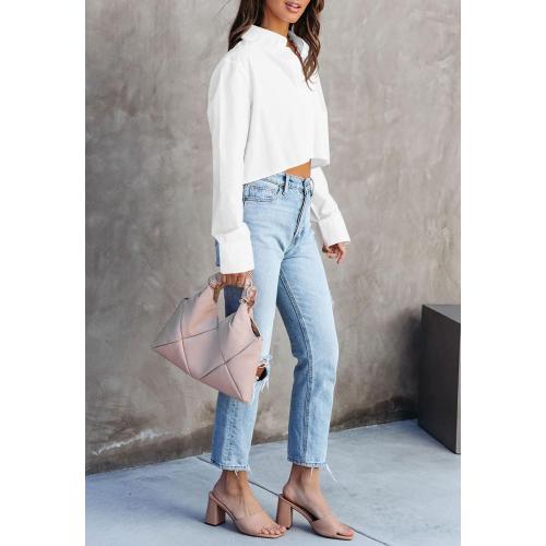INFITTY Small White Button Down Shirts for Women Long Sleeve Casual Crop Tops Solid Lapel Blouse Shirt with Pocket