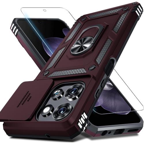 for Moto G 2026/2025 Case,Moto G Play 2026 Case Built in Slide Camera Cover | with Tempered Glass Screen Protector Finger Ring Holder Kickstand,Heavy Duty Shockproof Full Body Phone Cover,Wine Red