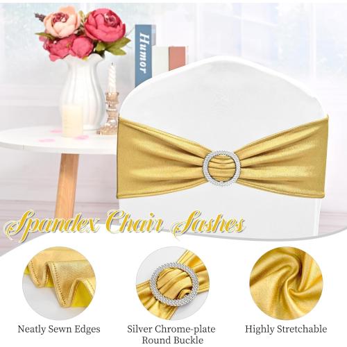 100 PCS Spandex Chair Sashes Bows Premium Stretch Chair Cover Band with Buckle Slider Universal Elastic Chair Ties for Wedding Party Ceremony Events Reception Banquet Decoration (Metallic Gold)